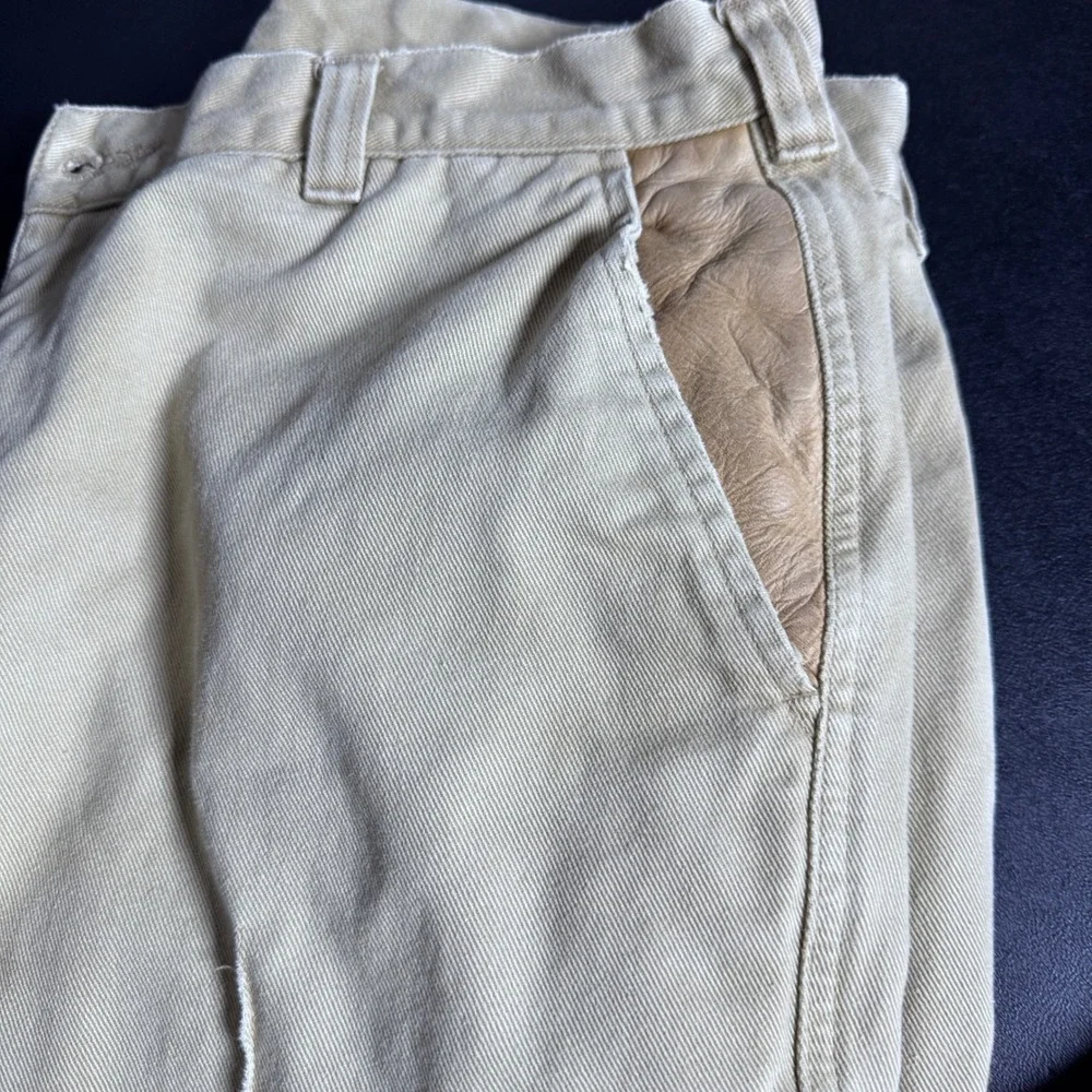 Orvis Trousers Mens 34 Khaki Tan Solid Leather Trim Cotton‎ Twill Cuffed Vintage